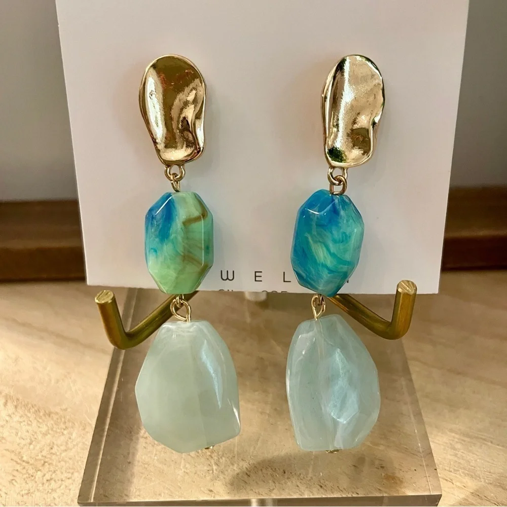 Gold & Blue Beaded Stone Dangle Earrings